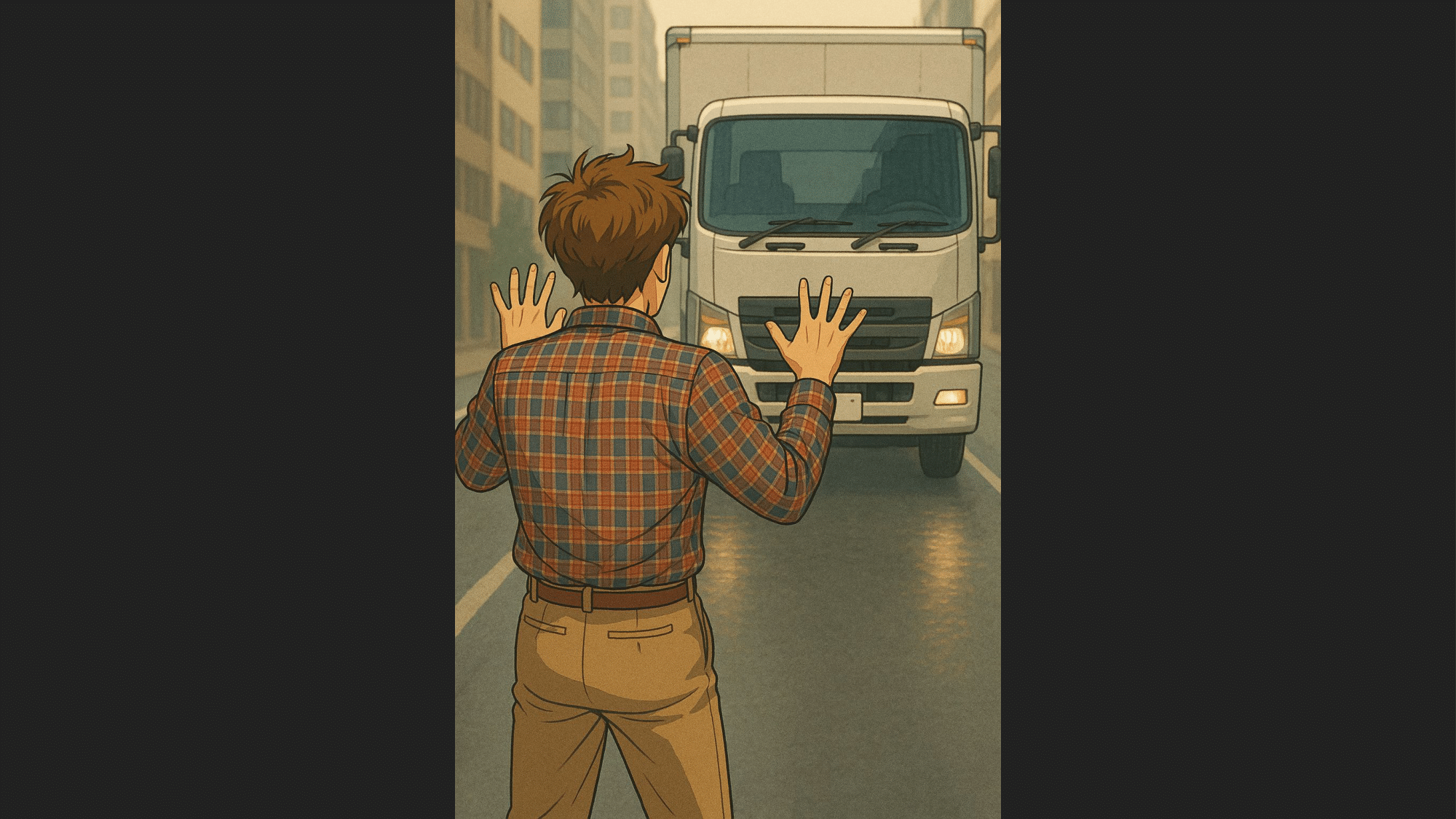 都会の車道で大型トラックと、チェック柄のシャツを着た若い男性が両手を広げて立ちすくんでおり、衝突寸前の場面。