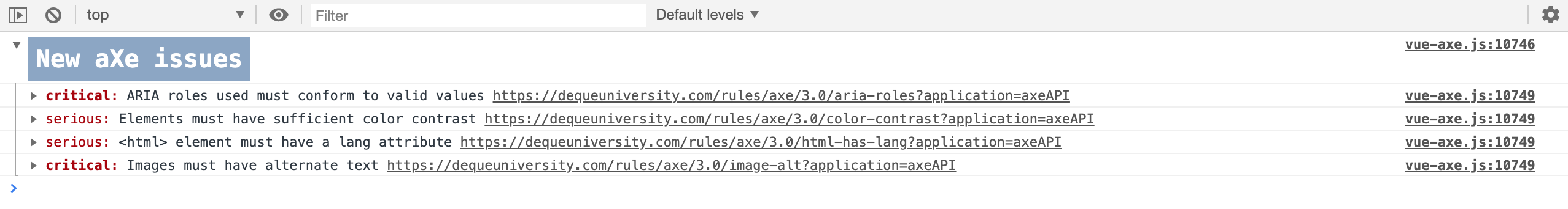 An image of vue-axe in action, with an alert result appearing on the console of Chrome.