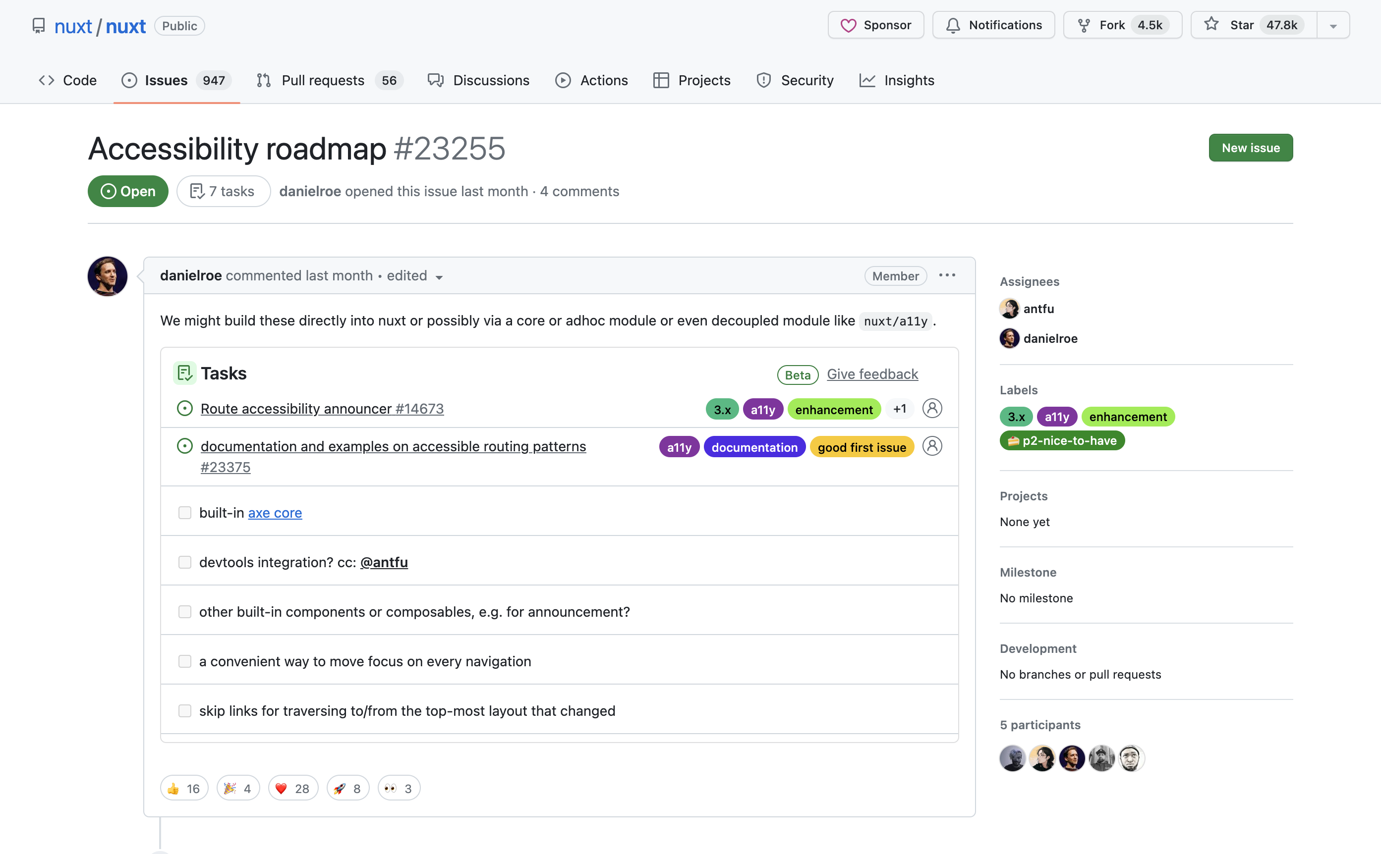 Screenshot: The GitHub Issue page detailing Nuxt.js’s accessibility roadmap
